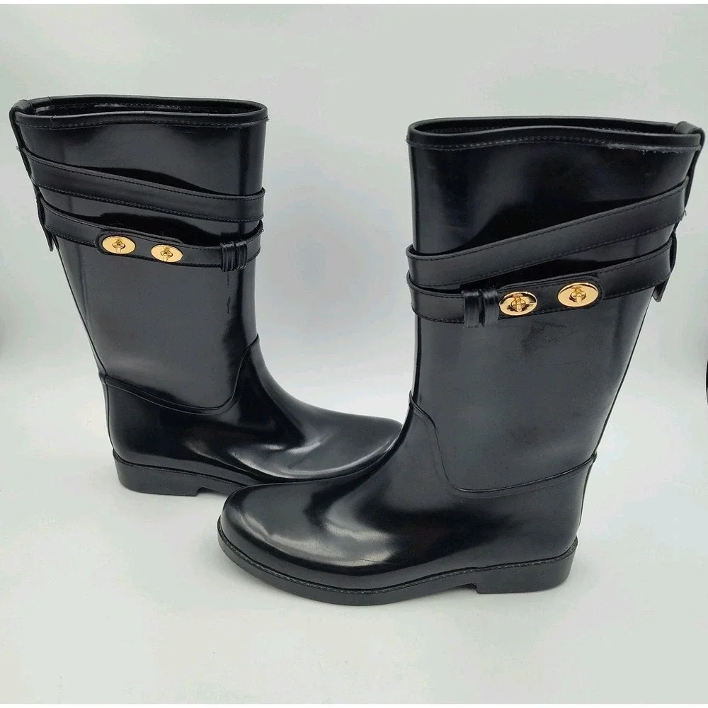 COACH Rain Boots Tall Women Shoes Black Size 10B 40 260(1.5) SEE‎ BCL.0ME-00